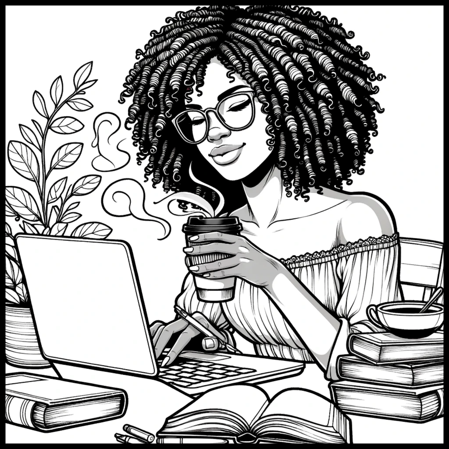 Black and white illustration of a woman with glasses holding a coffee cup, sitting at a desk with books and a laptop.