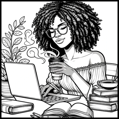 Black and white illustration of a woman with glasses holding a coffee cup, sitting at a desk with books and a laptop.