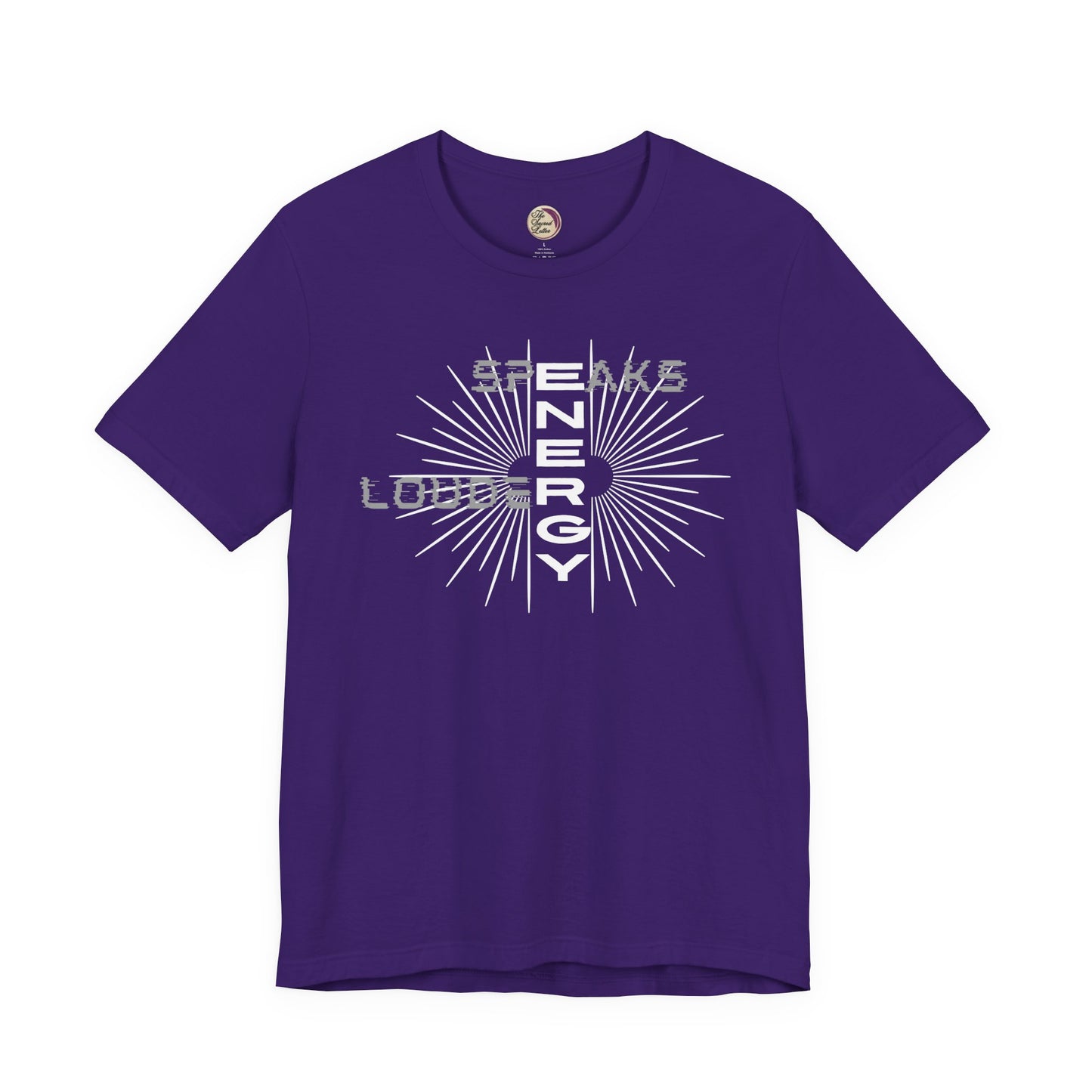 Purple t-shirt with white graphic design on a white background