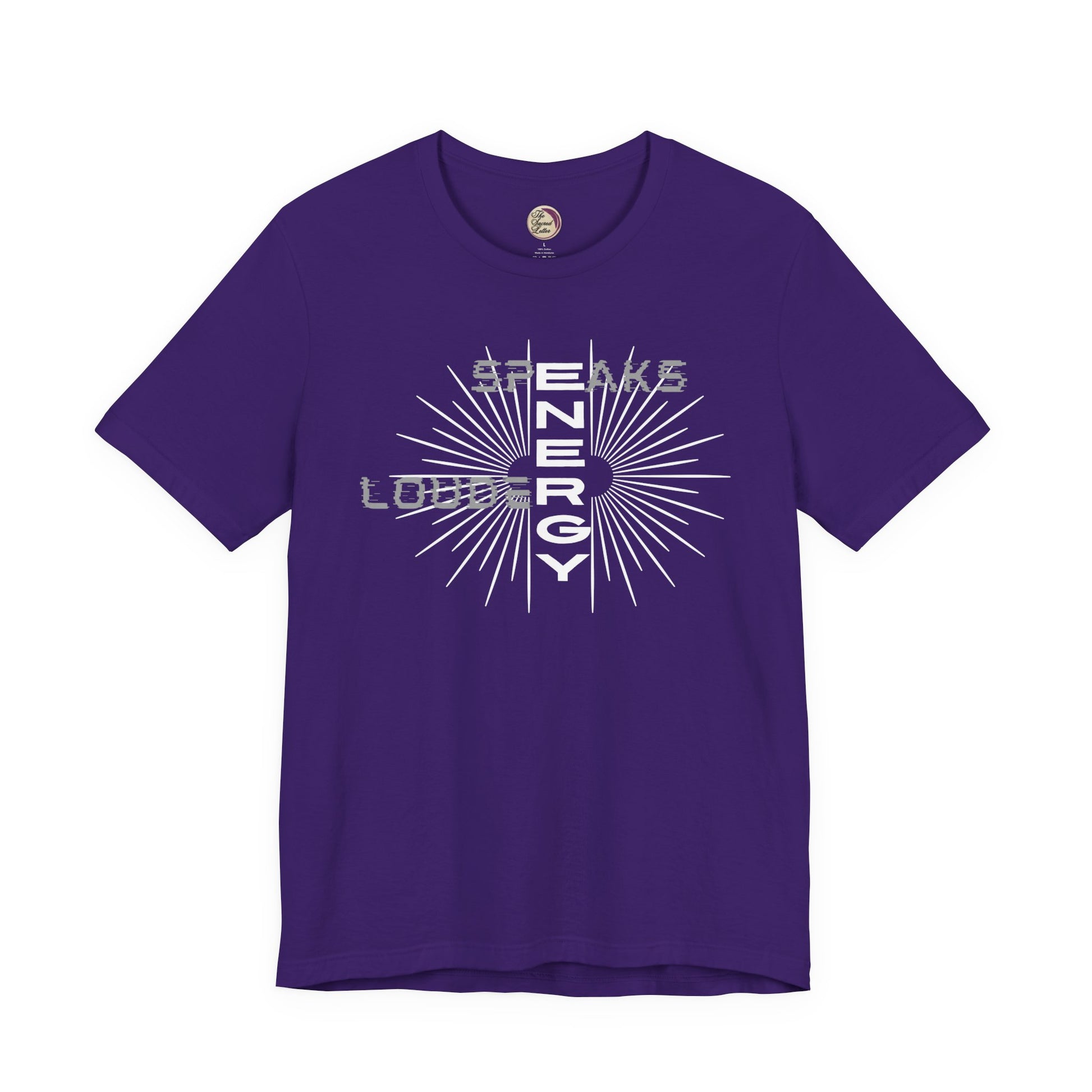 Purple t-shirt with white graphic design on a white background