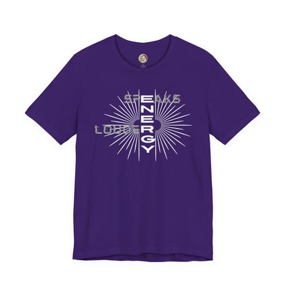 Purple t-shirt with white graphic design on a white background