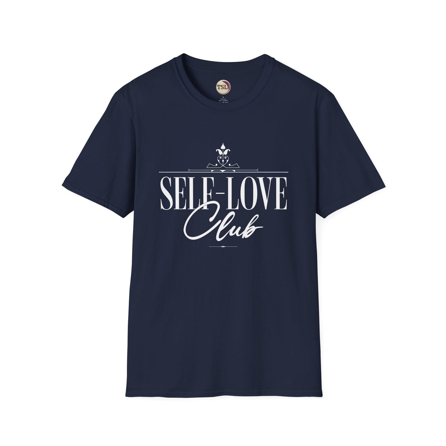 Navy blue t-shirt with 'Self-Love Club' text on a white background