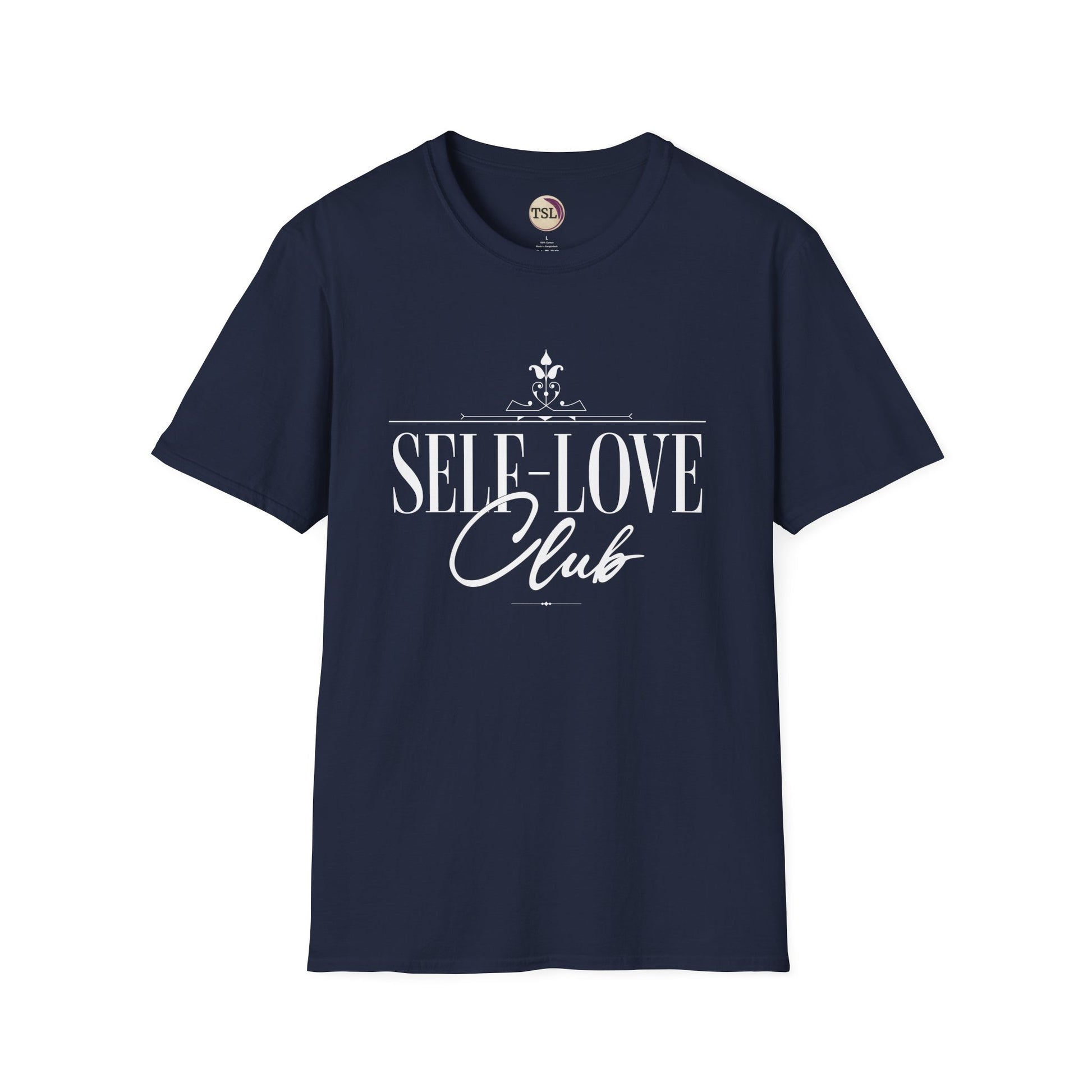 Navy blue t-shirt with 'Self-Love Club' text on a white background