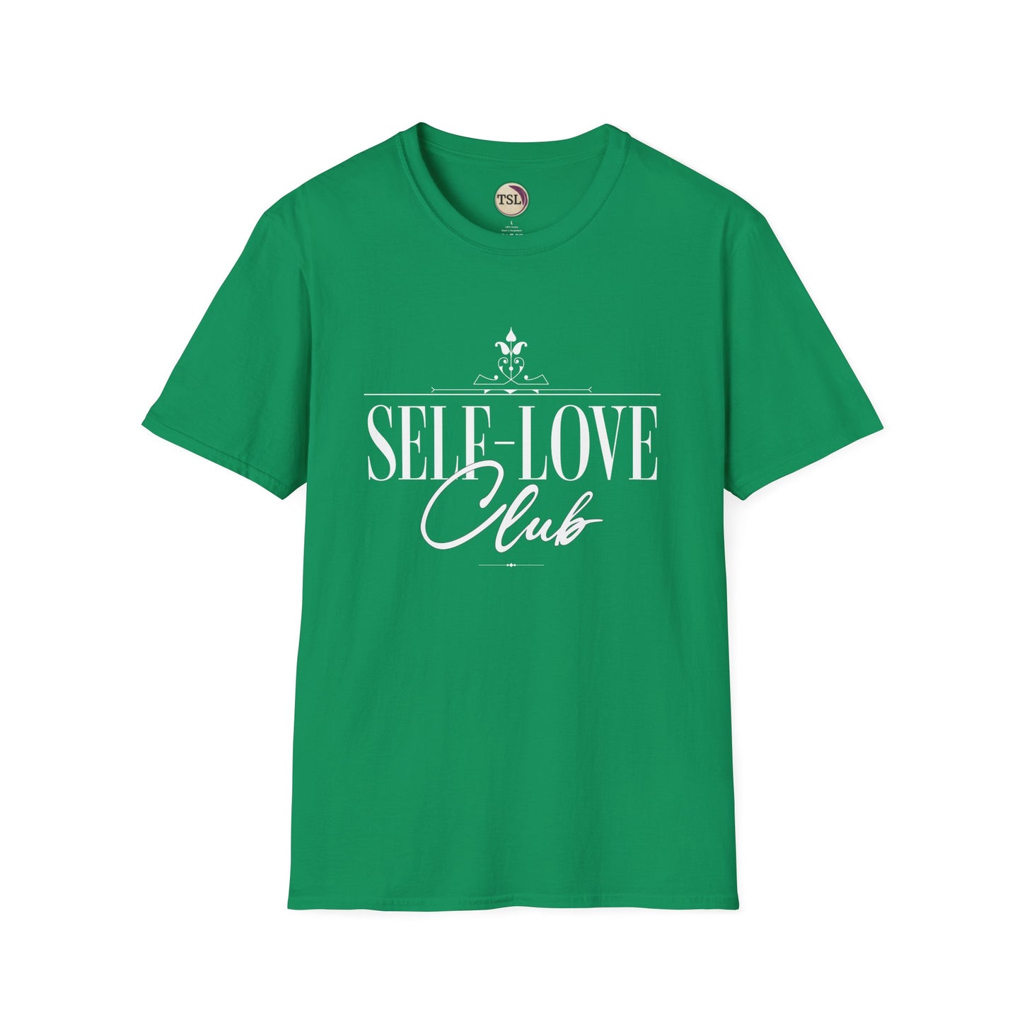 Green t-shirt with 'SELF-LOVE Club' text on a white background