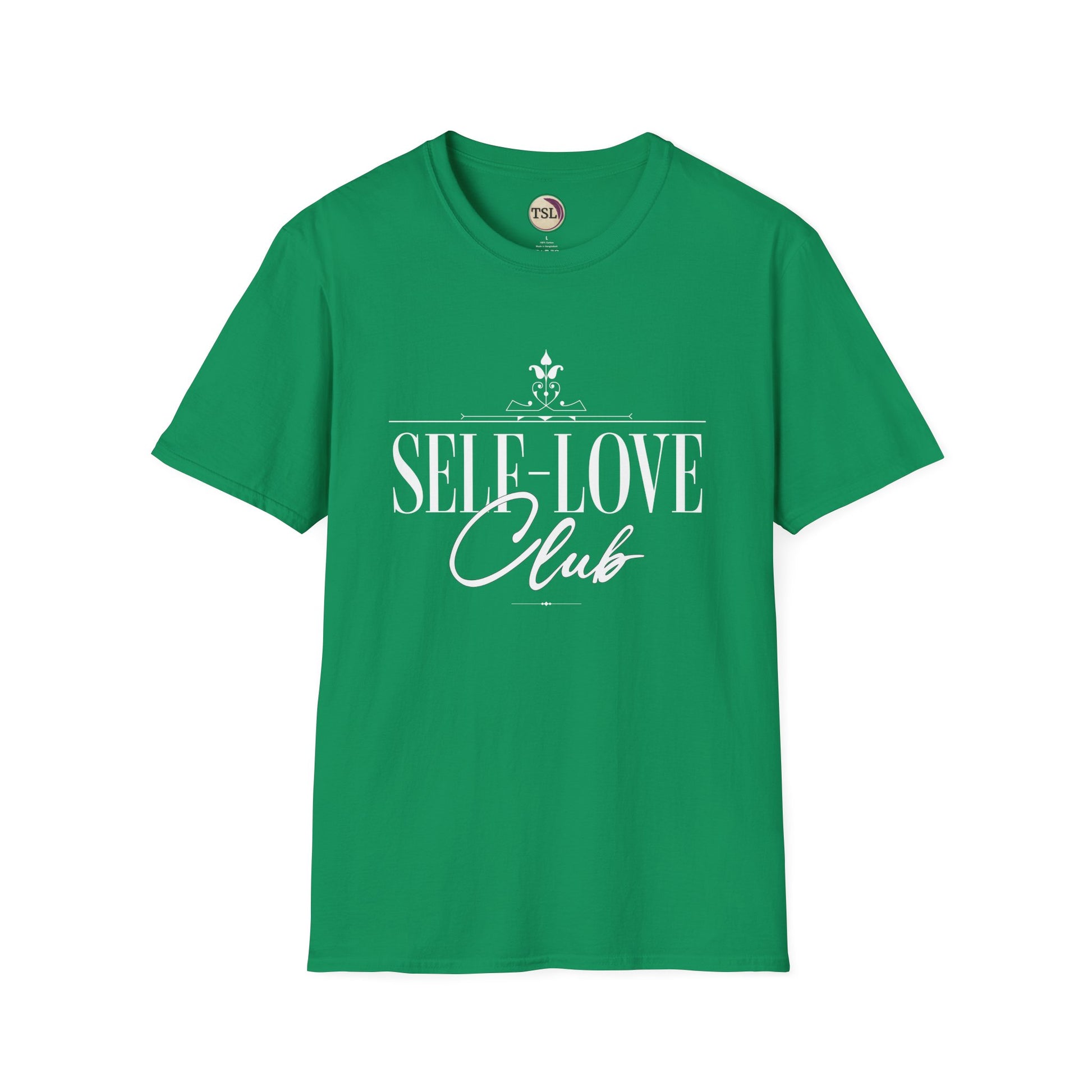 Green t-shirt with 'SELF-LOVE Club' text on a white background