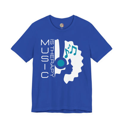 Blue t-shirt with music-themed design and text on a white background