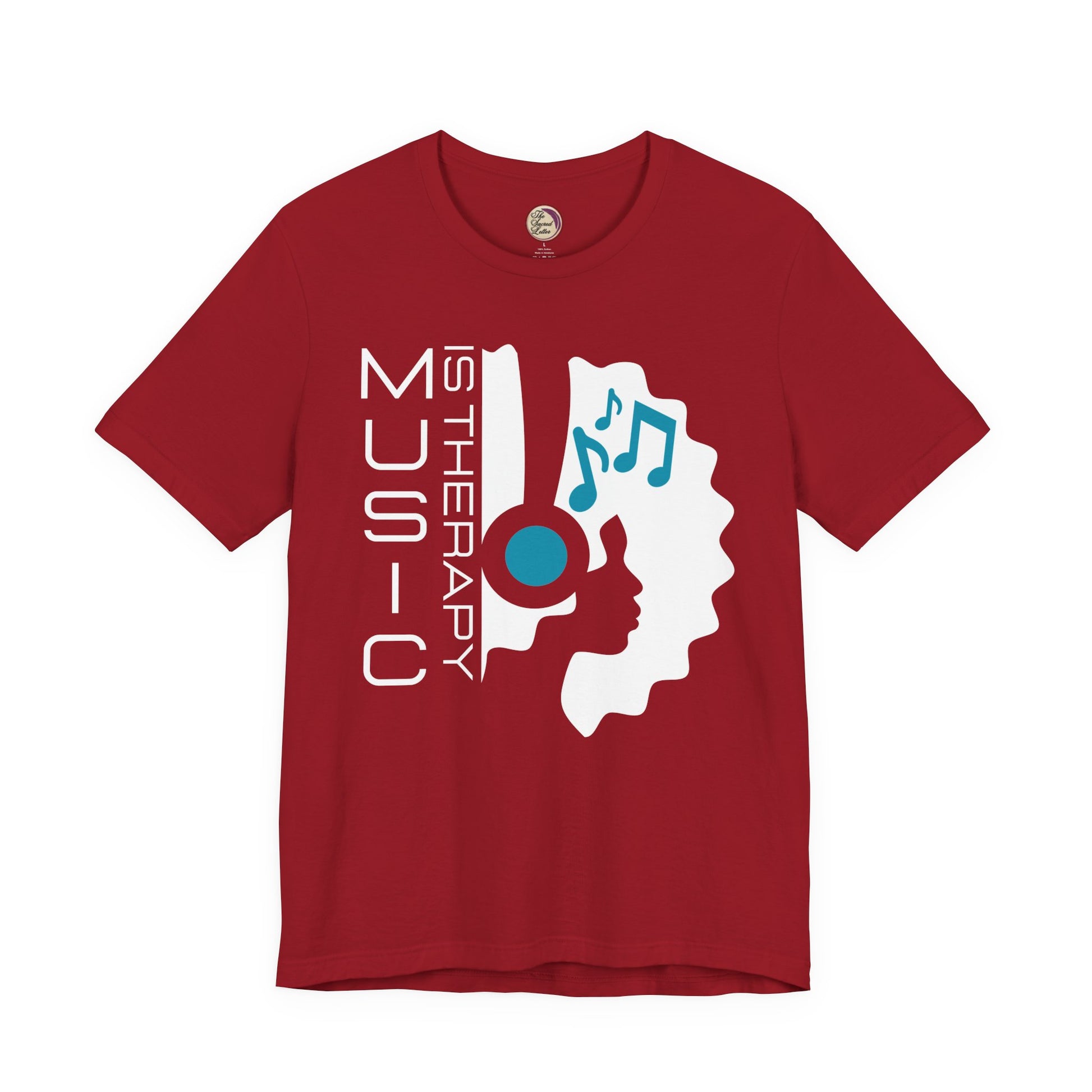 Red t-shirt with music-themed design on a white background