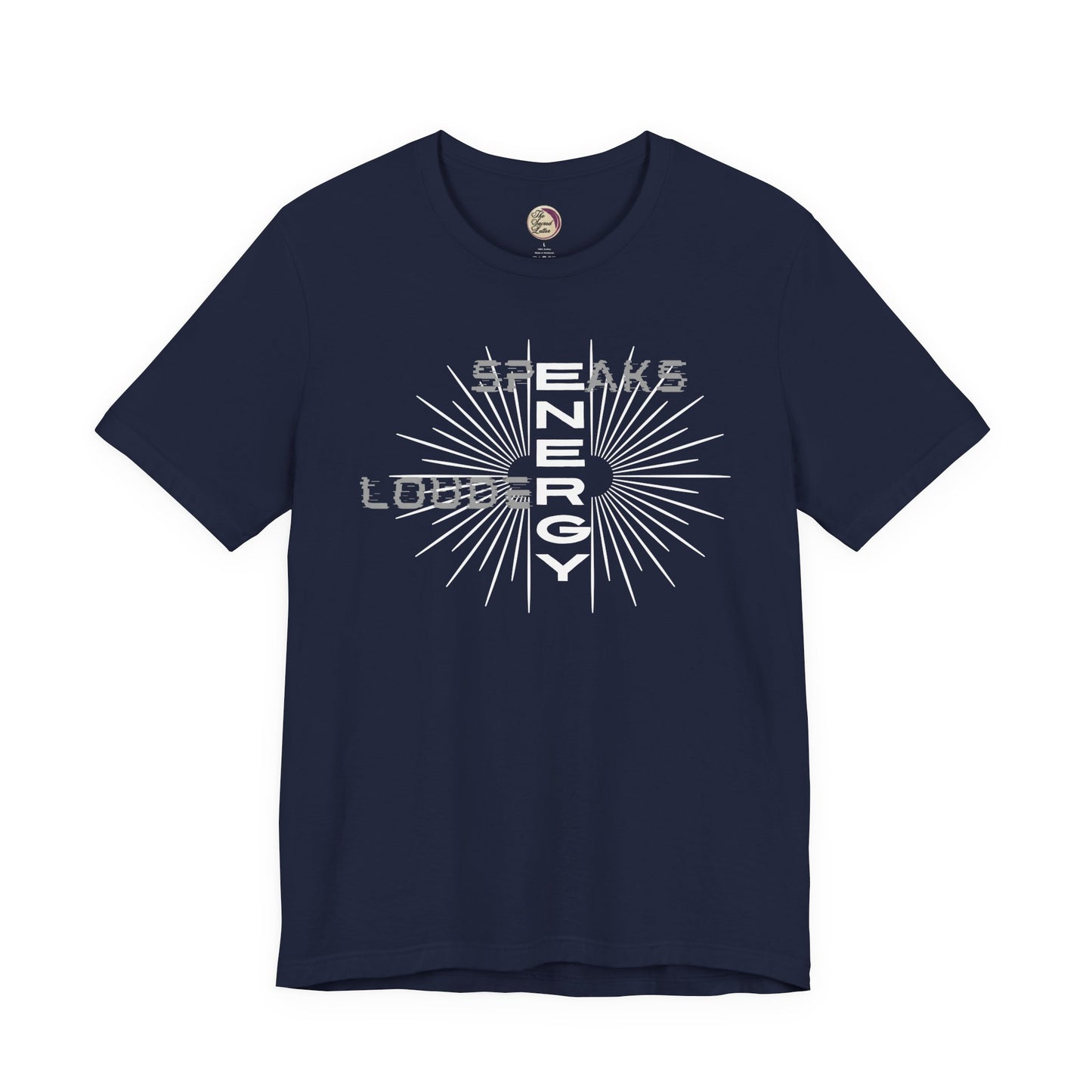 Navy blue t-shirt with white graphic design on a white background