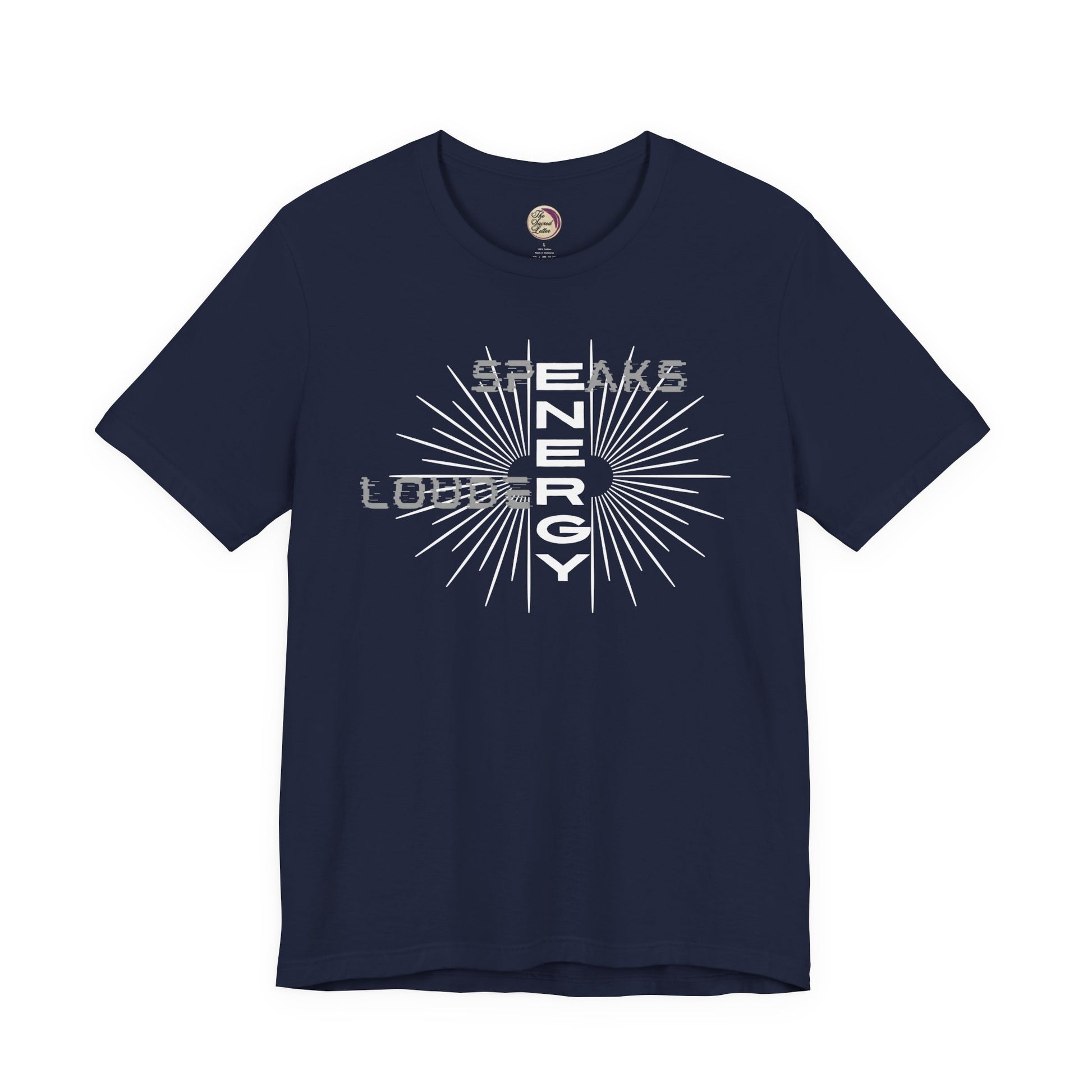 Navy blue t-shirt with white graphic design on a white background