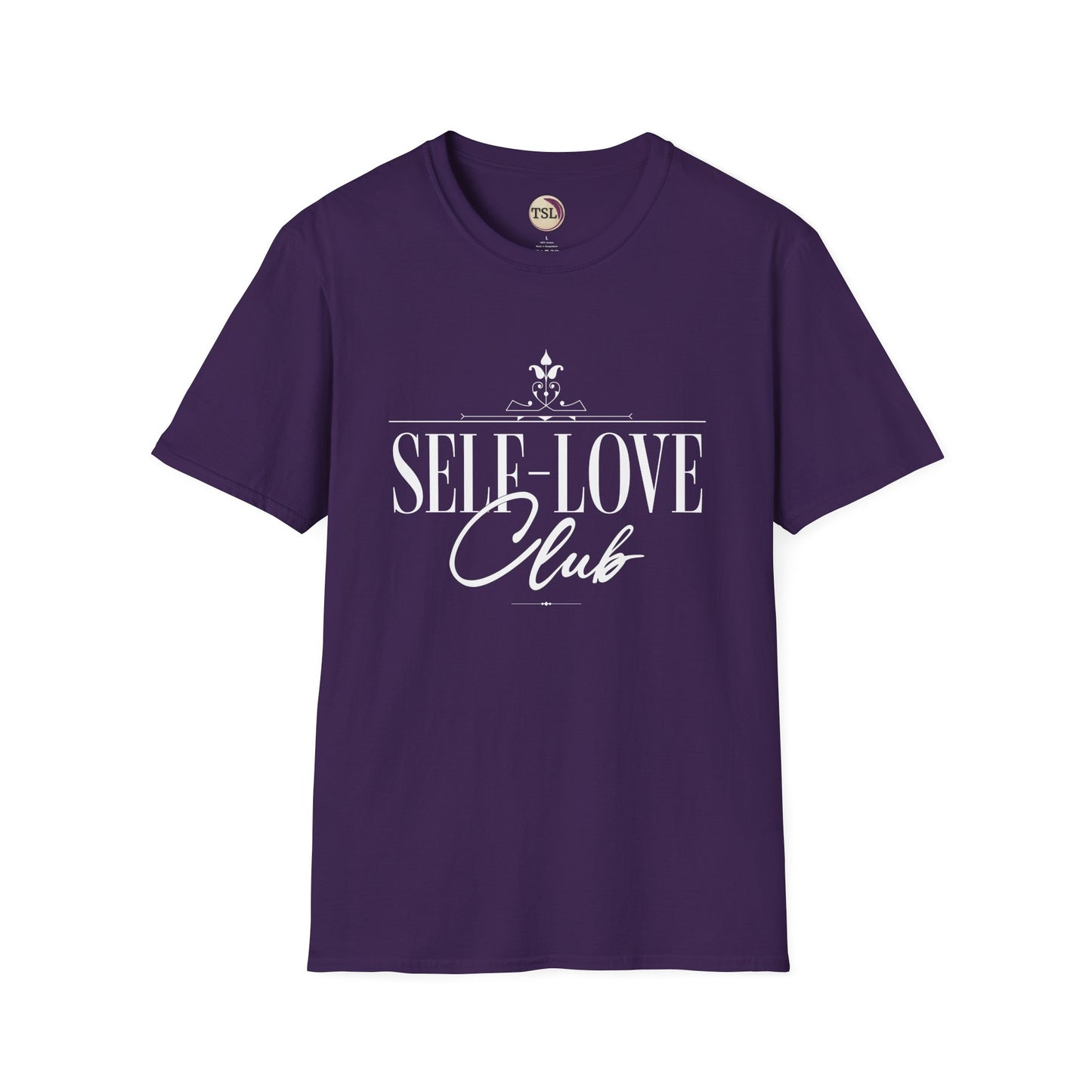 Purple t-shirt with 'SELF-LOVE Club' text on a white background