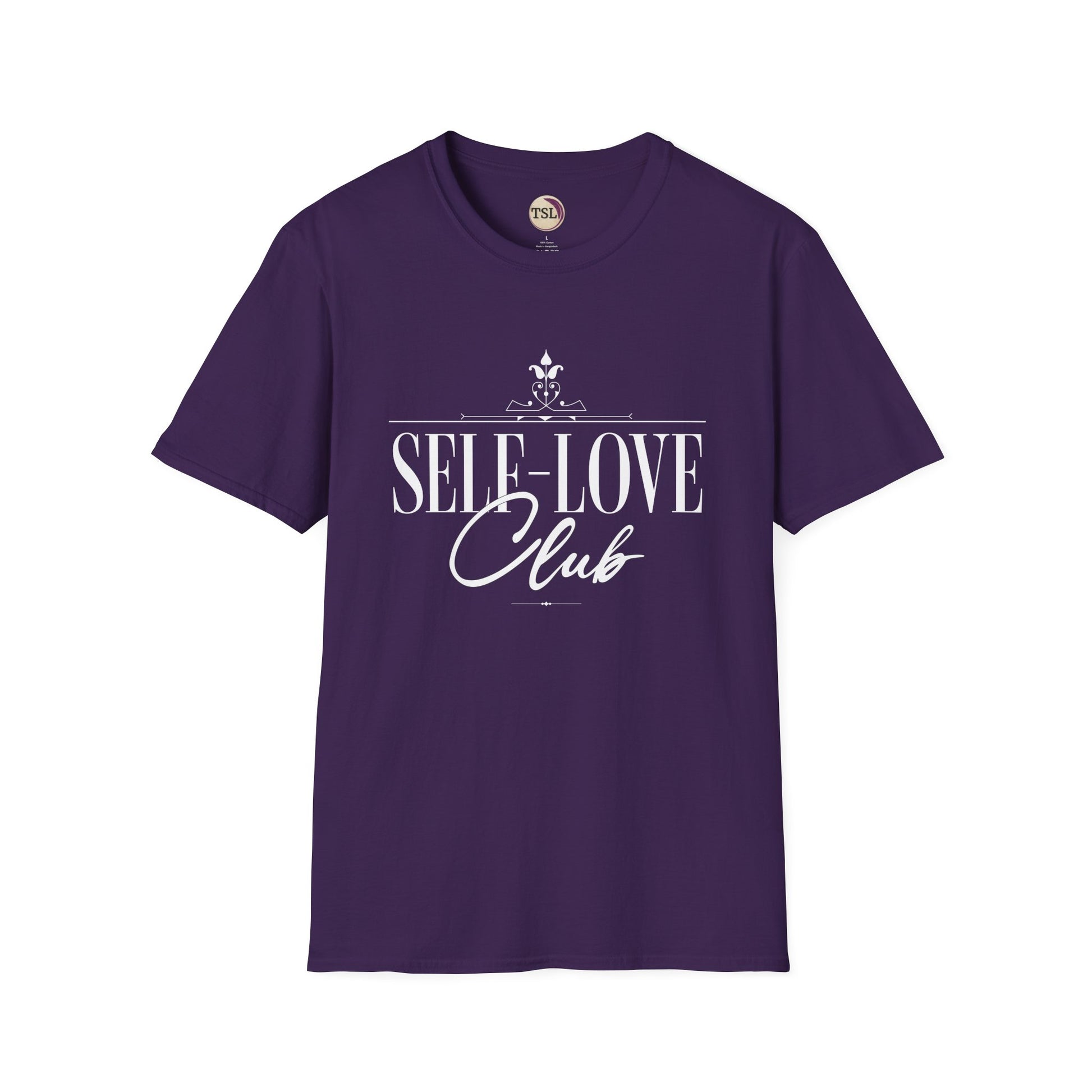 Purple t-shirt with 'SELF-LOVE Club' text on a white background