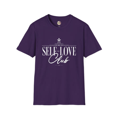 Purple t-shirt with 'SELF-LOVE Club' text on a white background