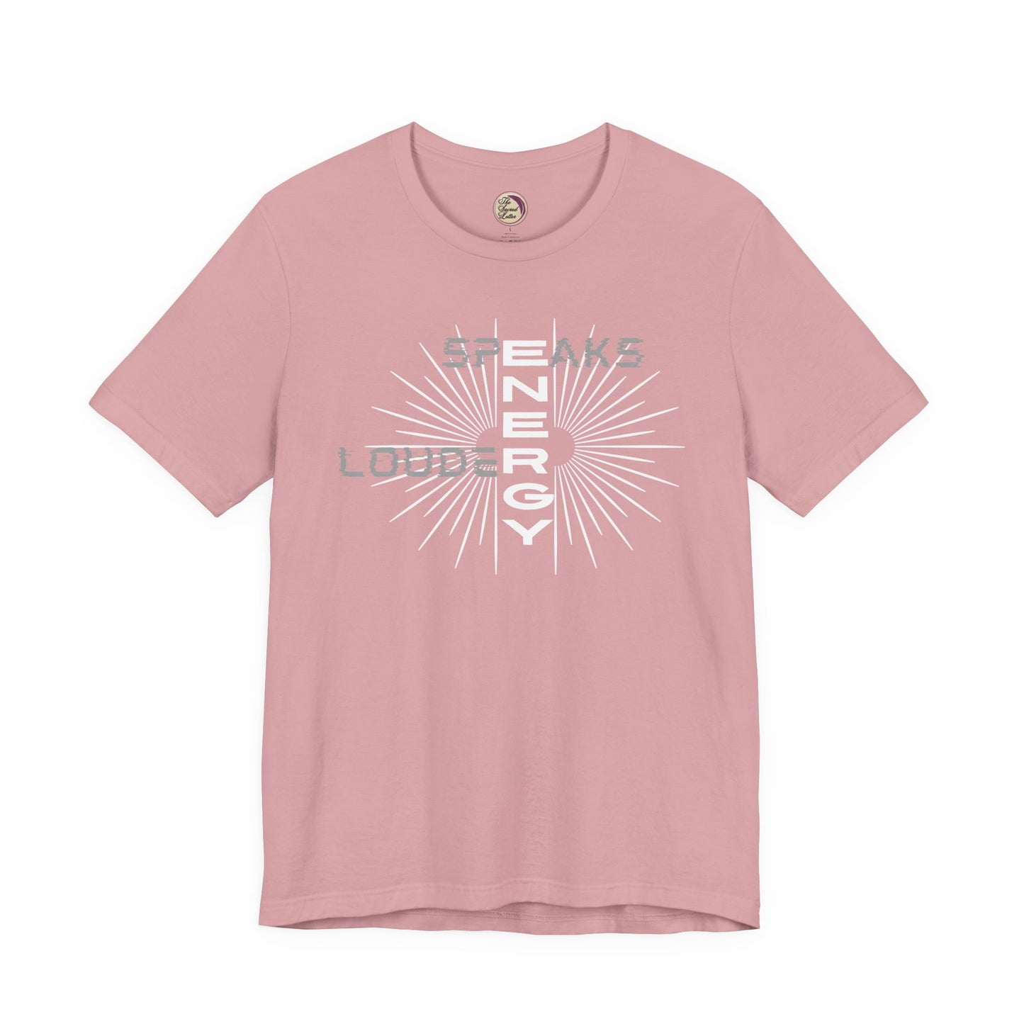 Pink t-shirt with white text and design on a white background