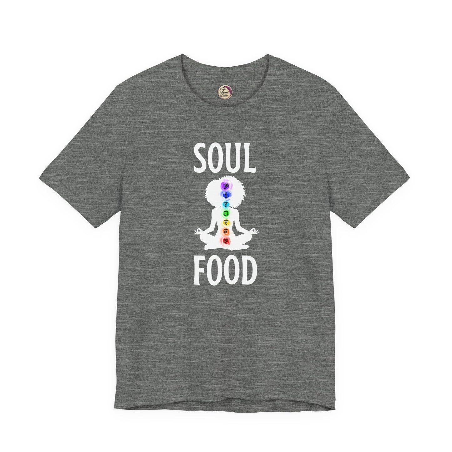 Gray t-shirt with 'Soul Food' graphic design on a white background