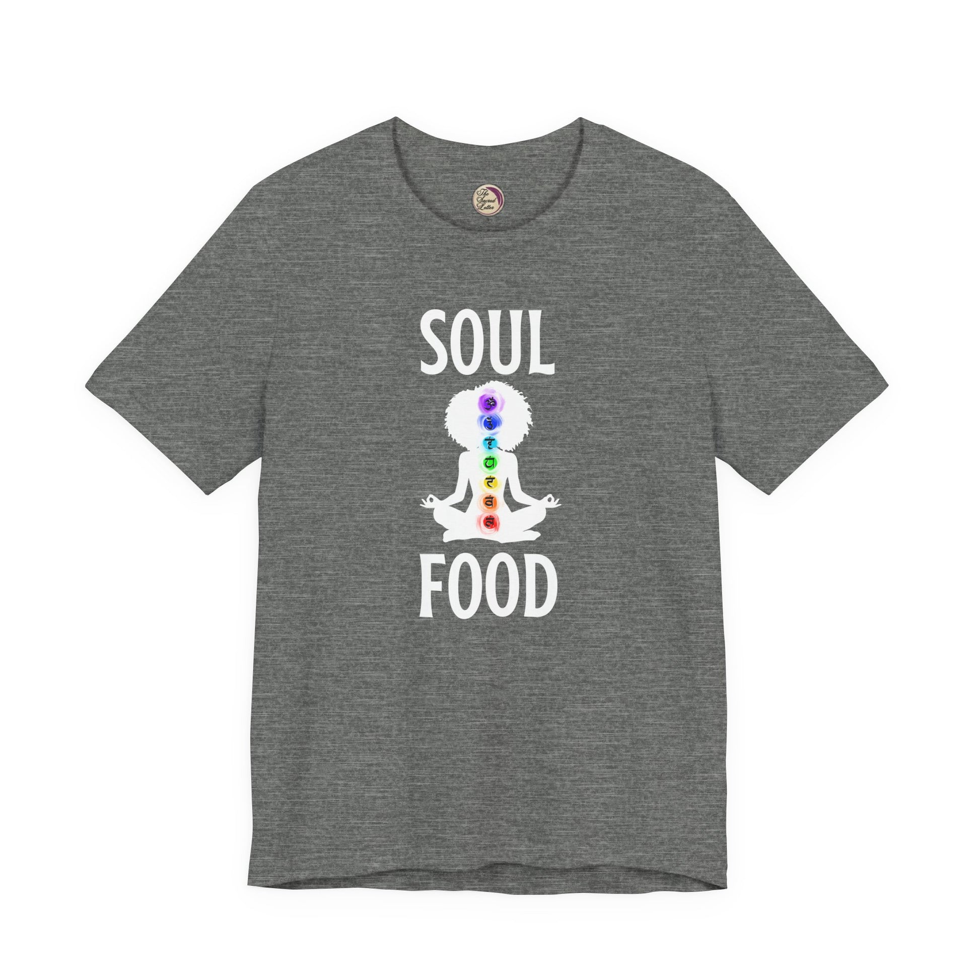 Gray t-shirt with 'Soul Food' graphic design on a white background