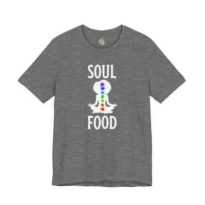 Gray t-shirt with 'Soul Food' graphic design on a white background