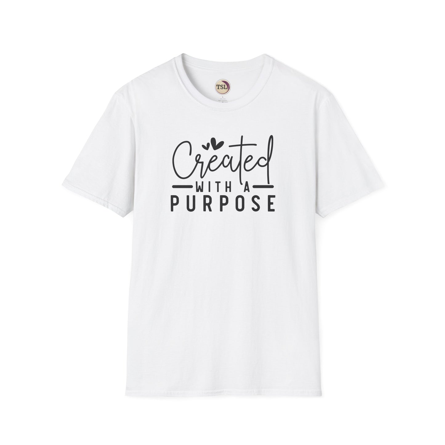 White t-shirt with 'Created with a Purpose' text on a white background