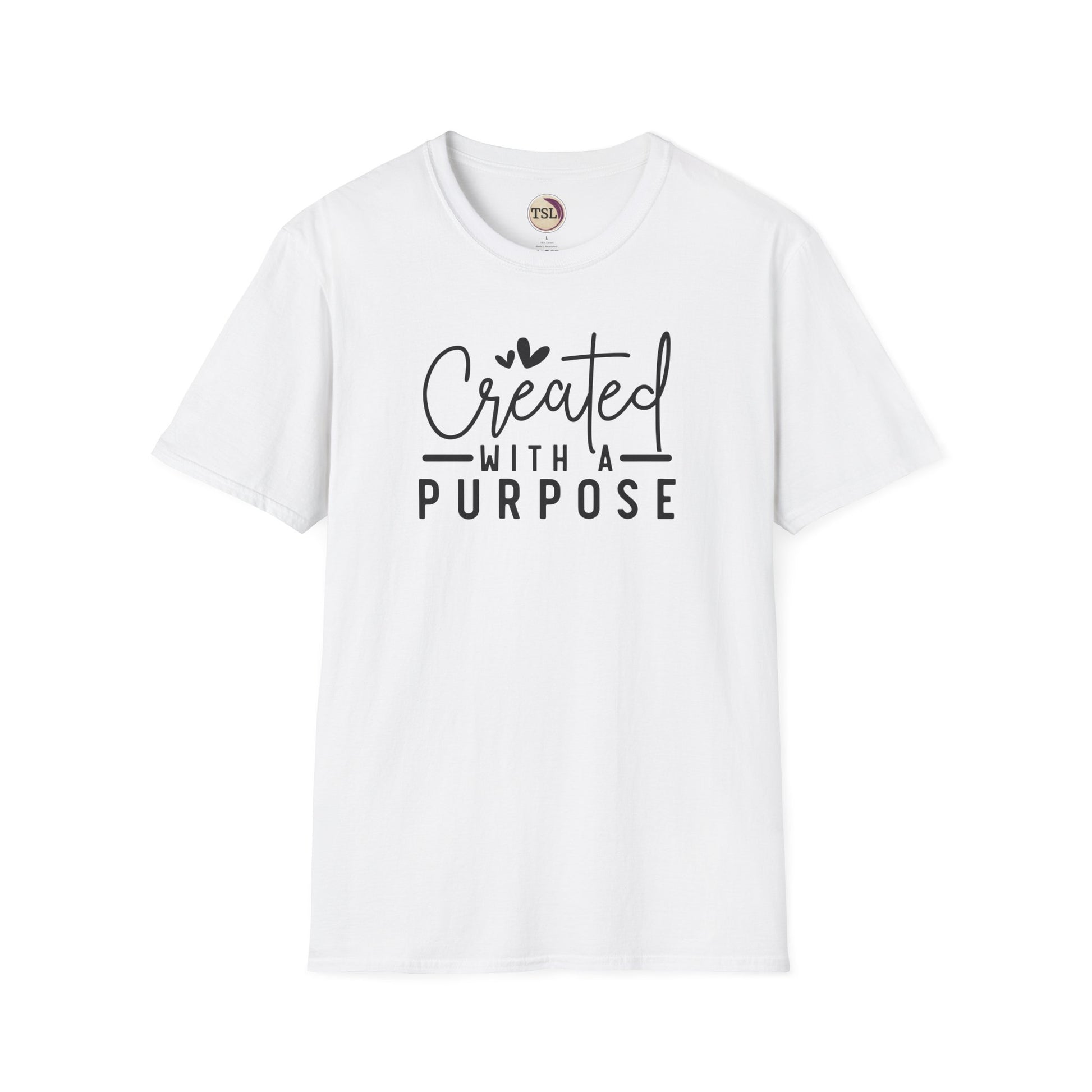 White t-shirt with 'Created with a Purpose' text on a white background