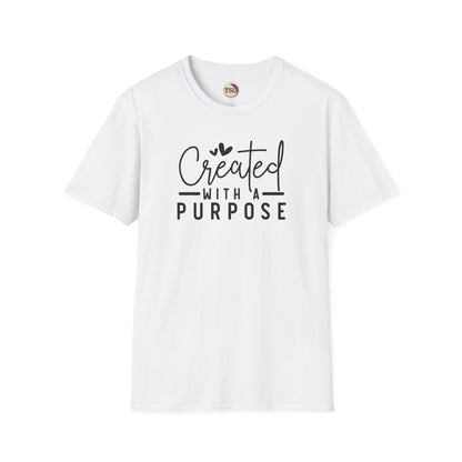 White t-shirt with 'Created with a Purpose' text on a white background