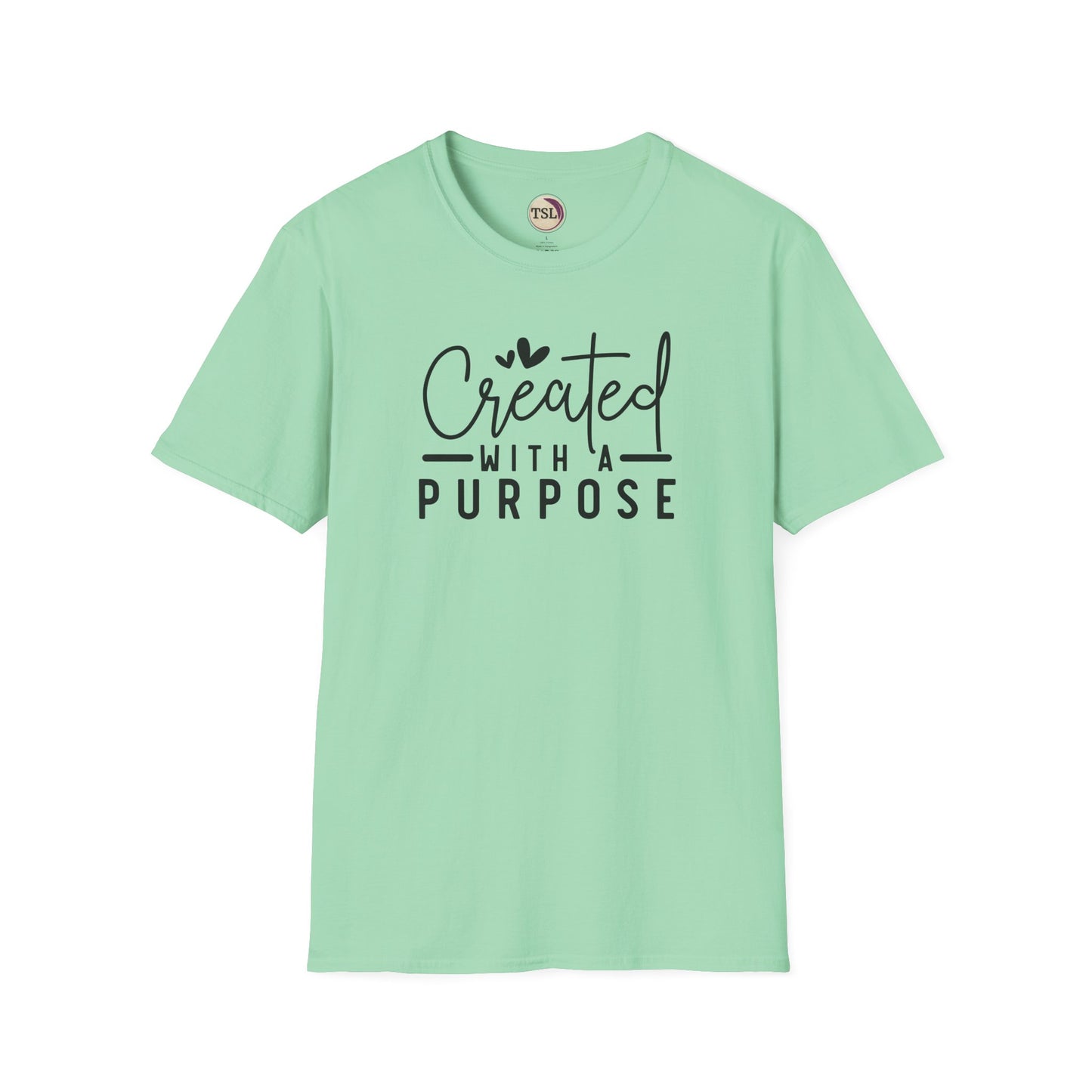 Mint green t-shirt with 'Created with a Purpose' text on a white background