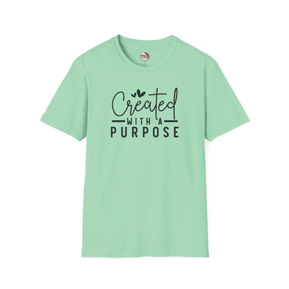Mint green t-shirt with 'Created with a Purpose' text on a white background