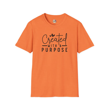 Orange t-shirt with 'Created with a Purpose' text on a white background