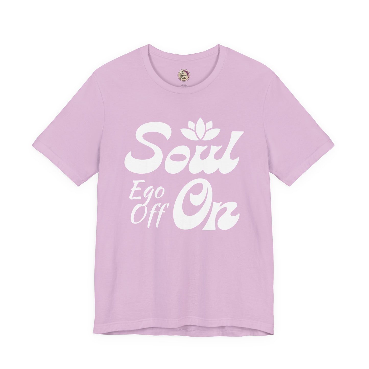 Light purple t-shirt with white text 'Soul Ego Off On' on a white background
