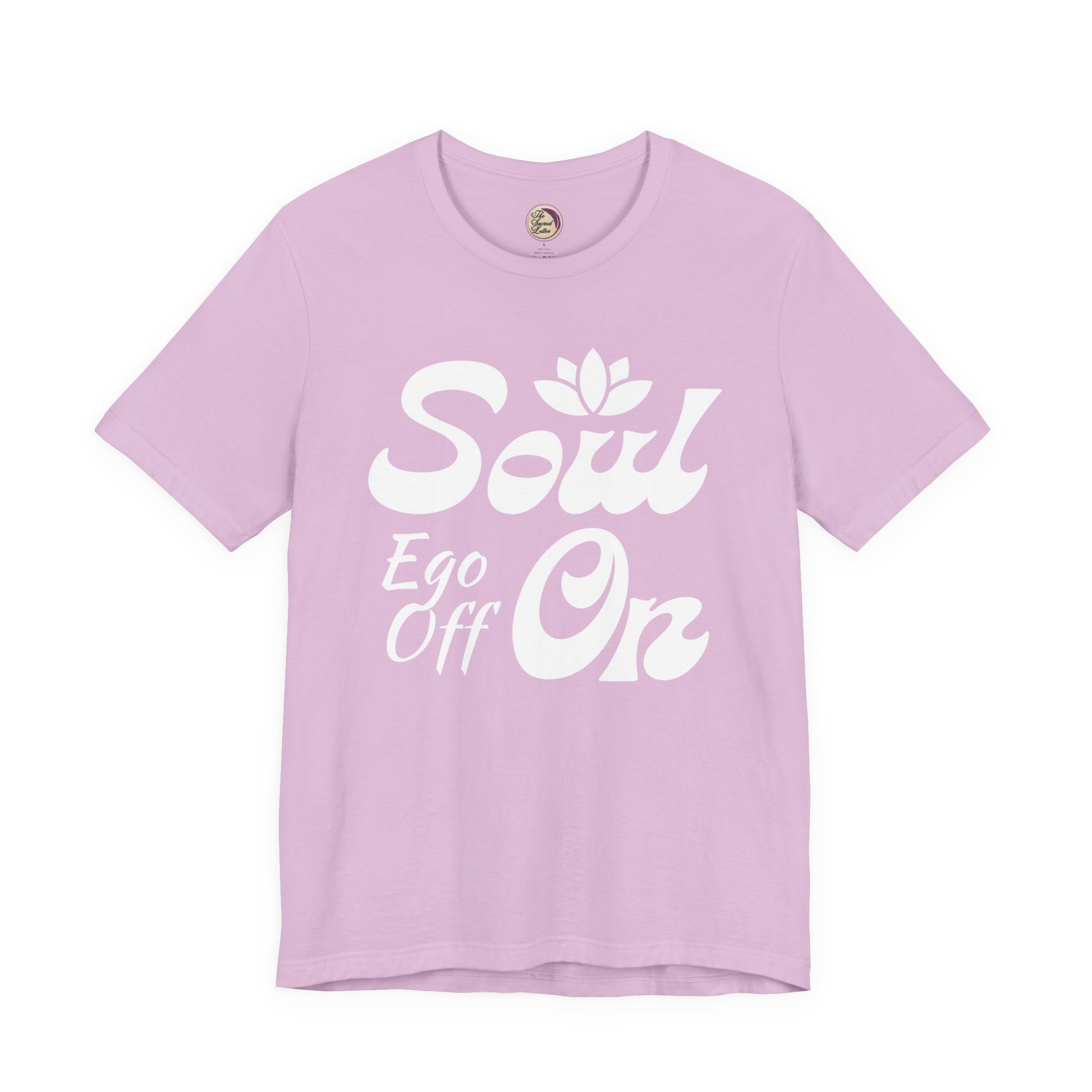Light purple t-shirt with white text 'Soul Ego Off On' on a white background
