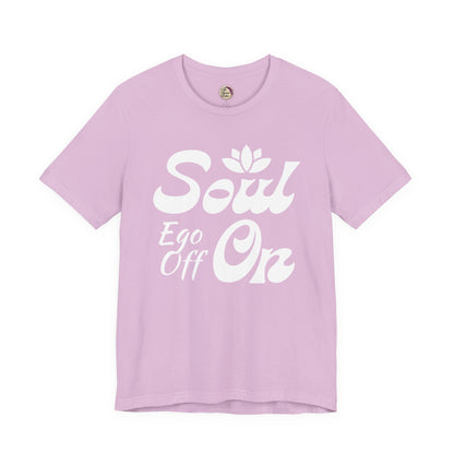 Light purple t-shirt with white text 'Soul Ego Off On' on a white background