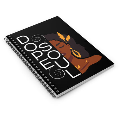 Notebook with a design of a woman's face and 'Dope Soul' text on a black background
