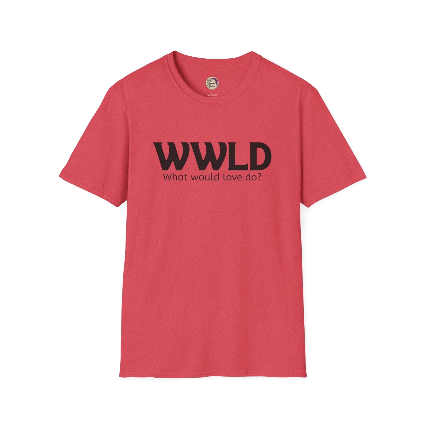 Red t-shirt with 'WWLD What would love do?' text on a white background
