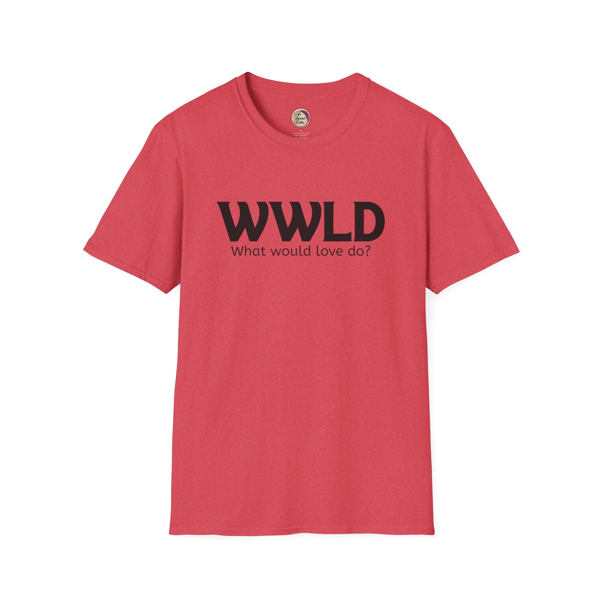Red t-shirt with 'WWLD What would love do?' text on a white background
