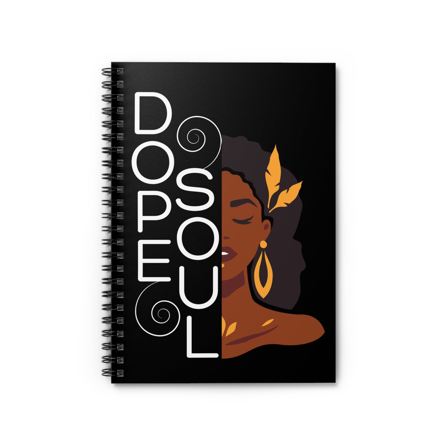 Notebook with a design of a woman's face and 'Dope Soul' text on a black background