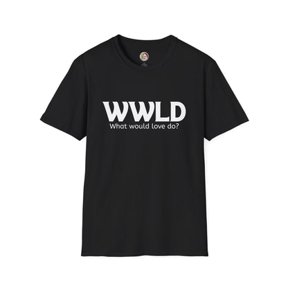 Black t-shirt with 'WWLD What would love do?' text on a white background