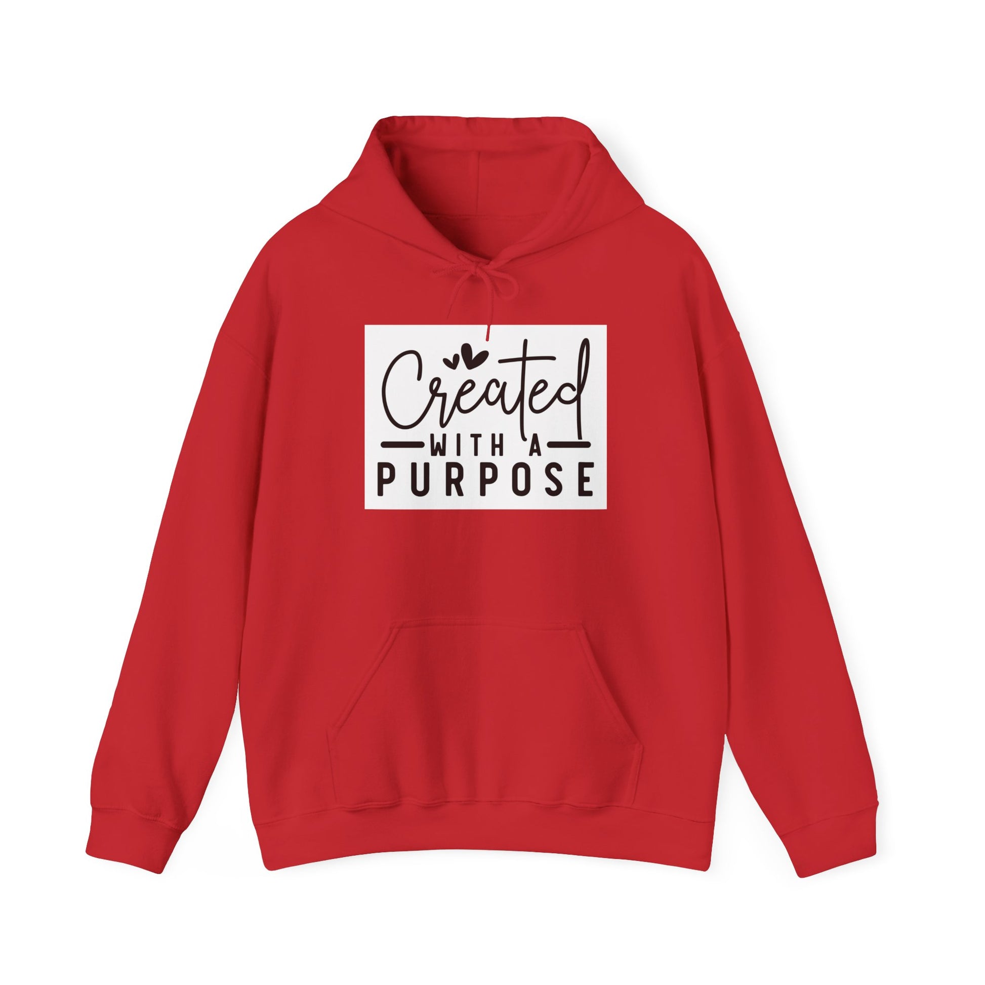 Red hoodie with 'Created with a Purpose' text on a white background