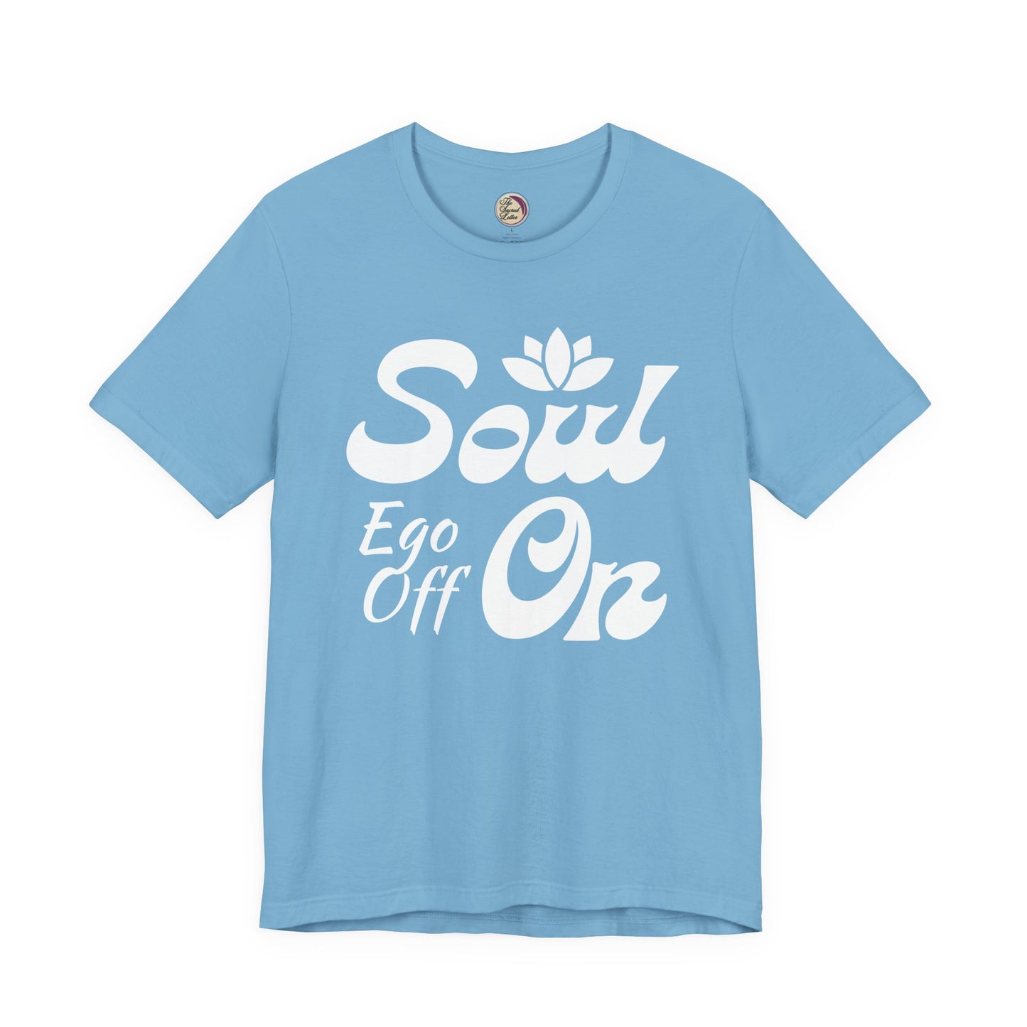 Light blue t-shirt with white text 'Soul Ego Off On' on a white background