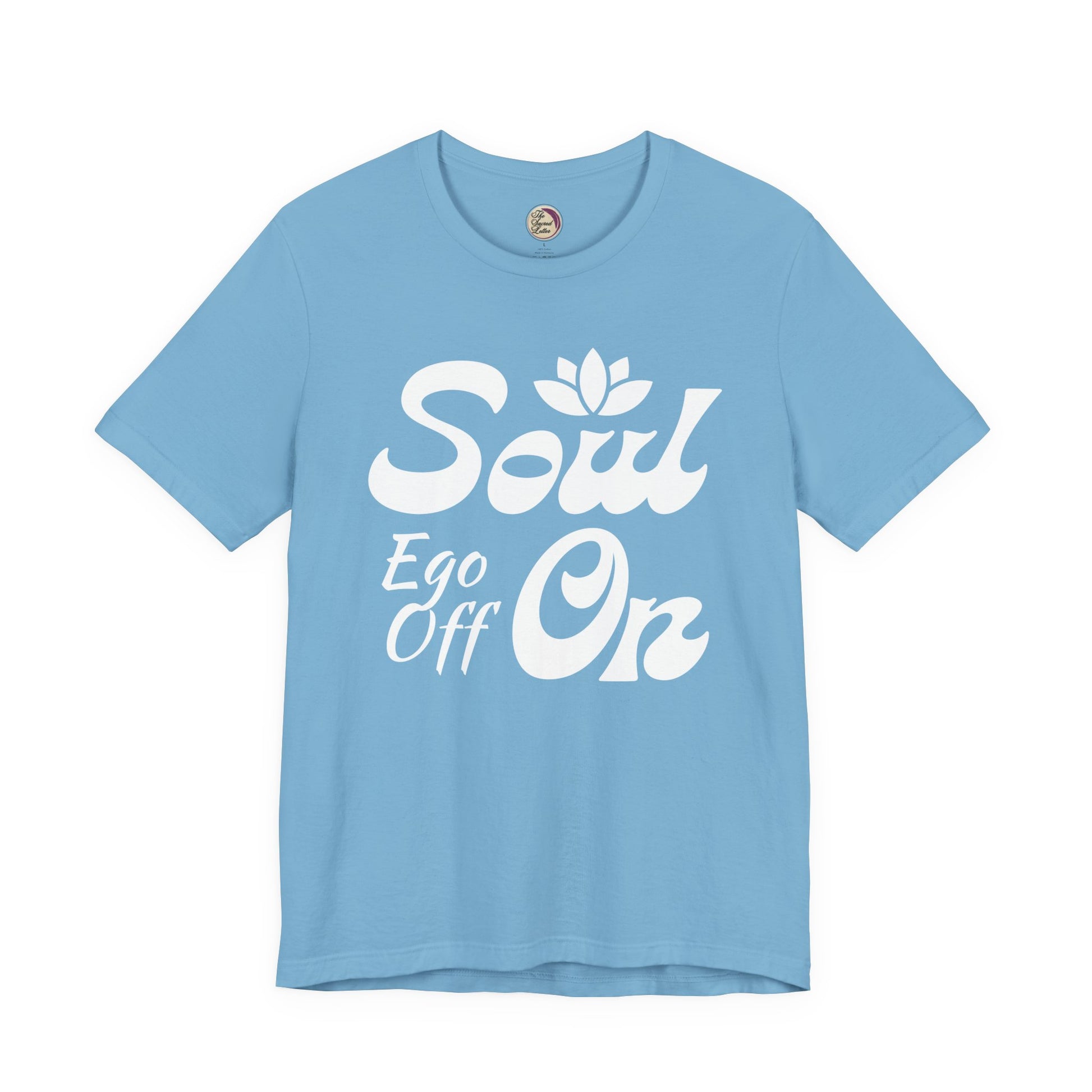 Light blue t-shirt with white text 'Soul Ego Off On' on a white background