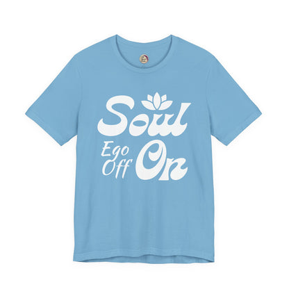 Light blue t-shirt with white text 'Soul Ego Off On' on a white background