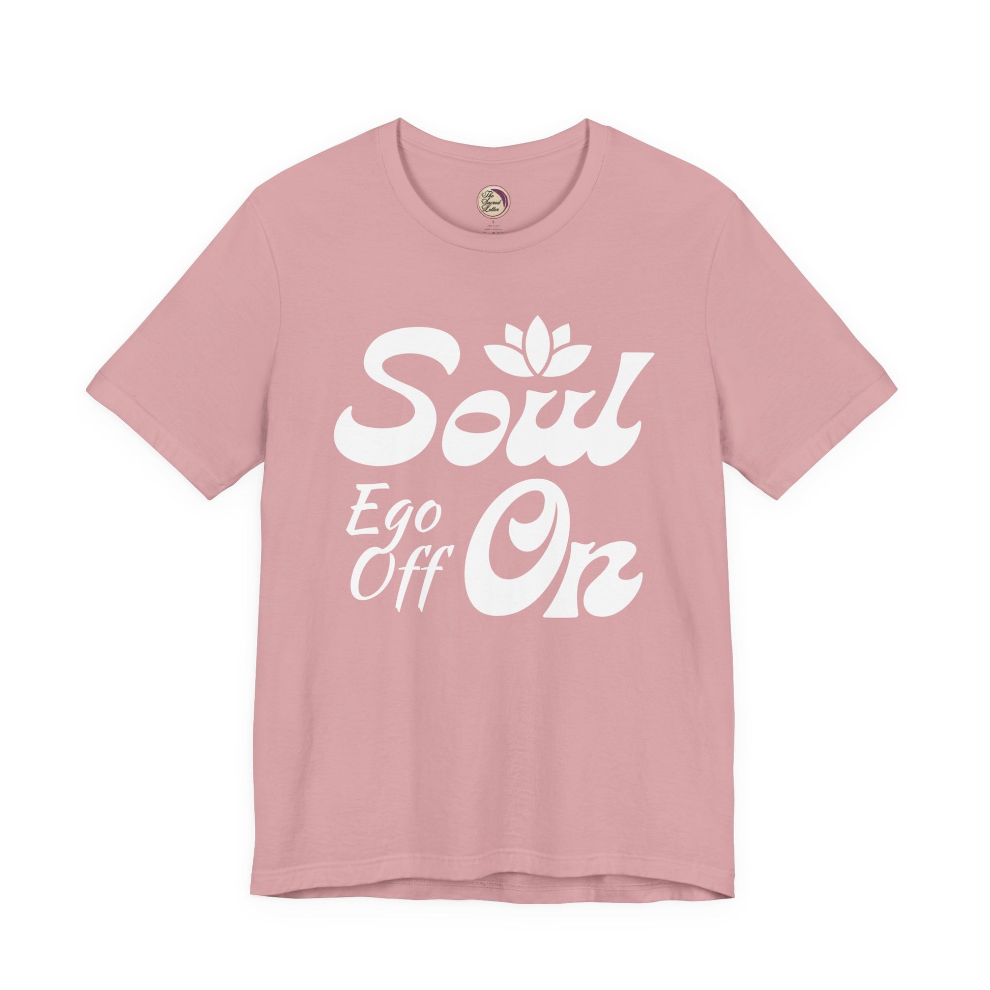 Pink t-shirt with white text 'Soul Ego Off On' on a white background