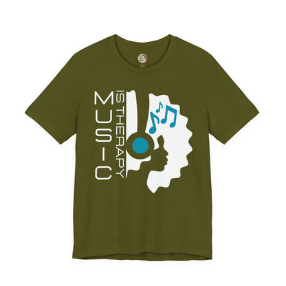 Green t-shirt with music-themed design and text on a white background