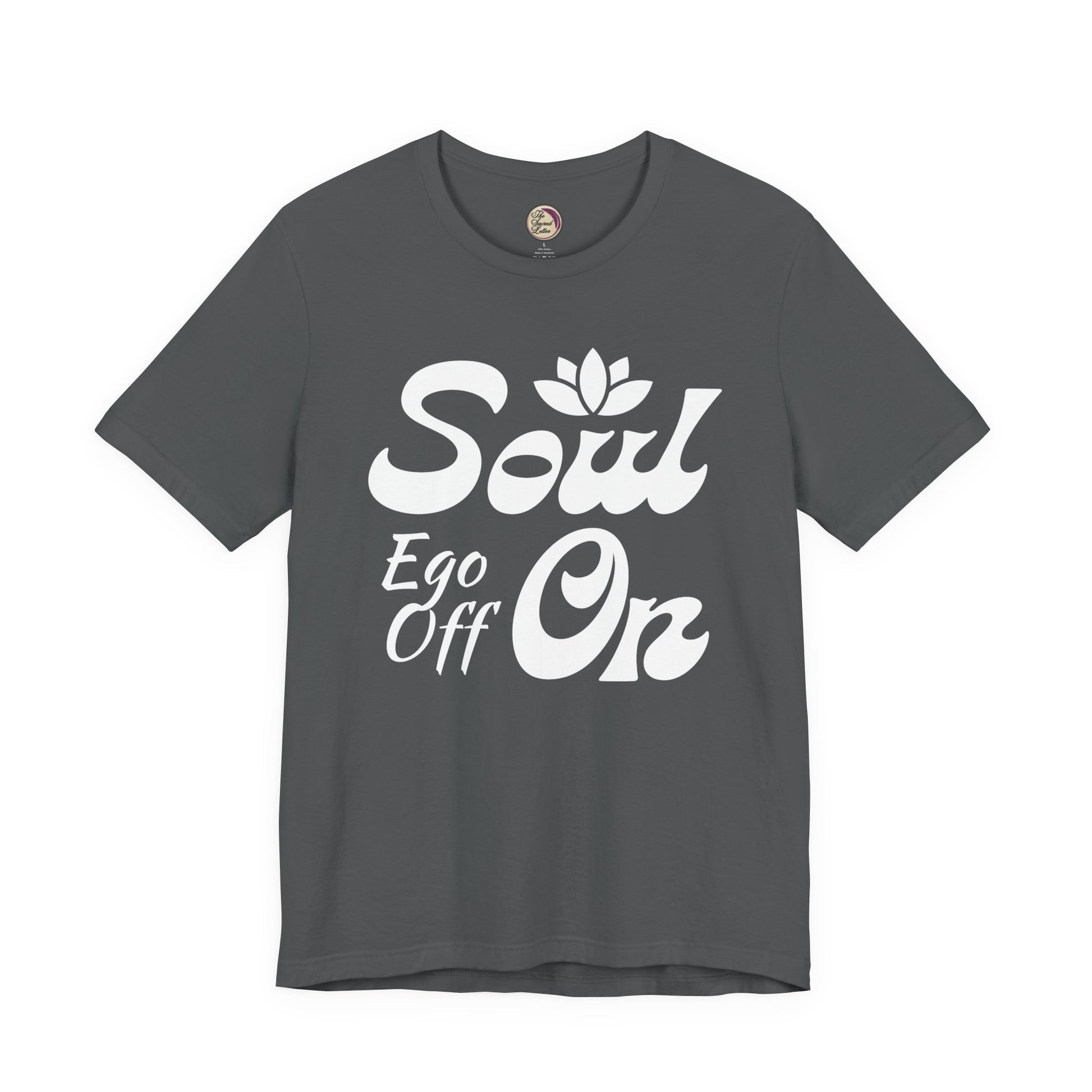 Gray t-shirt with white text 'Soul Ego Off On' on a white background