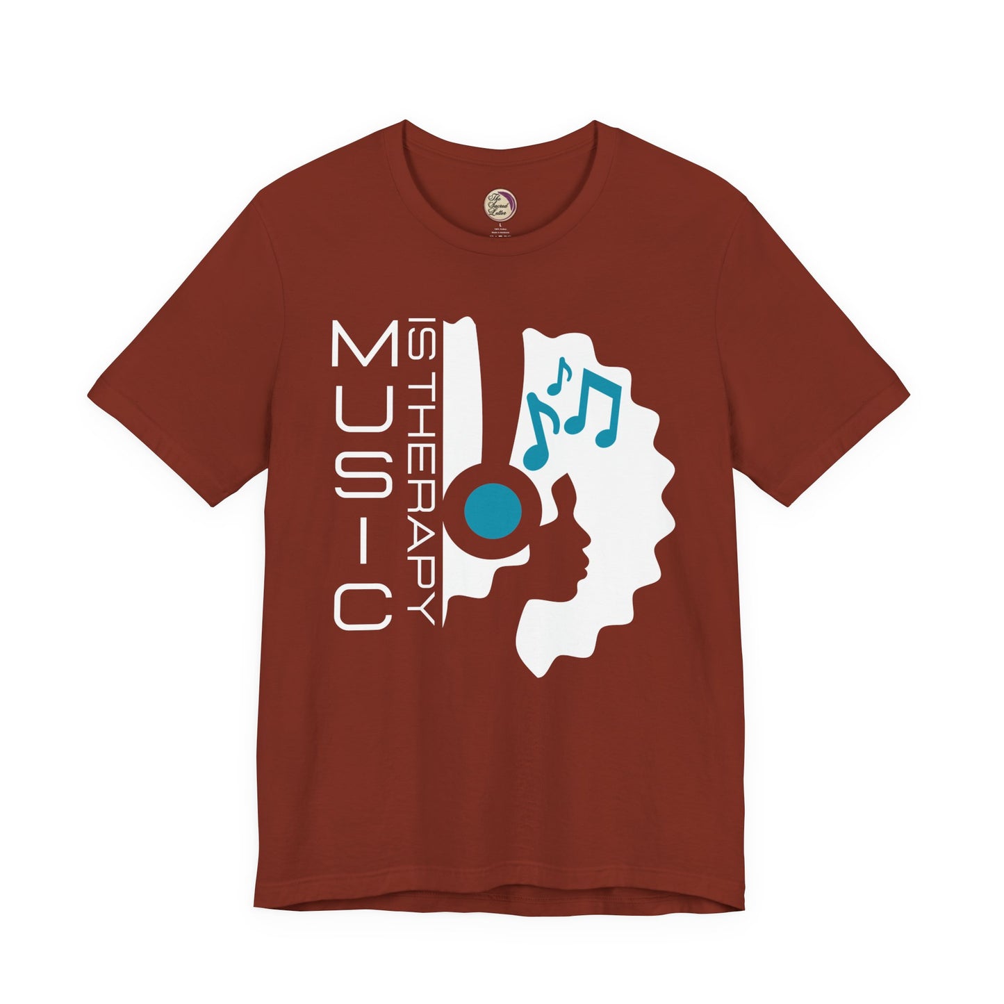 Rust t-shirt with music-themed design and text on a white background