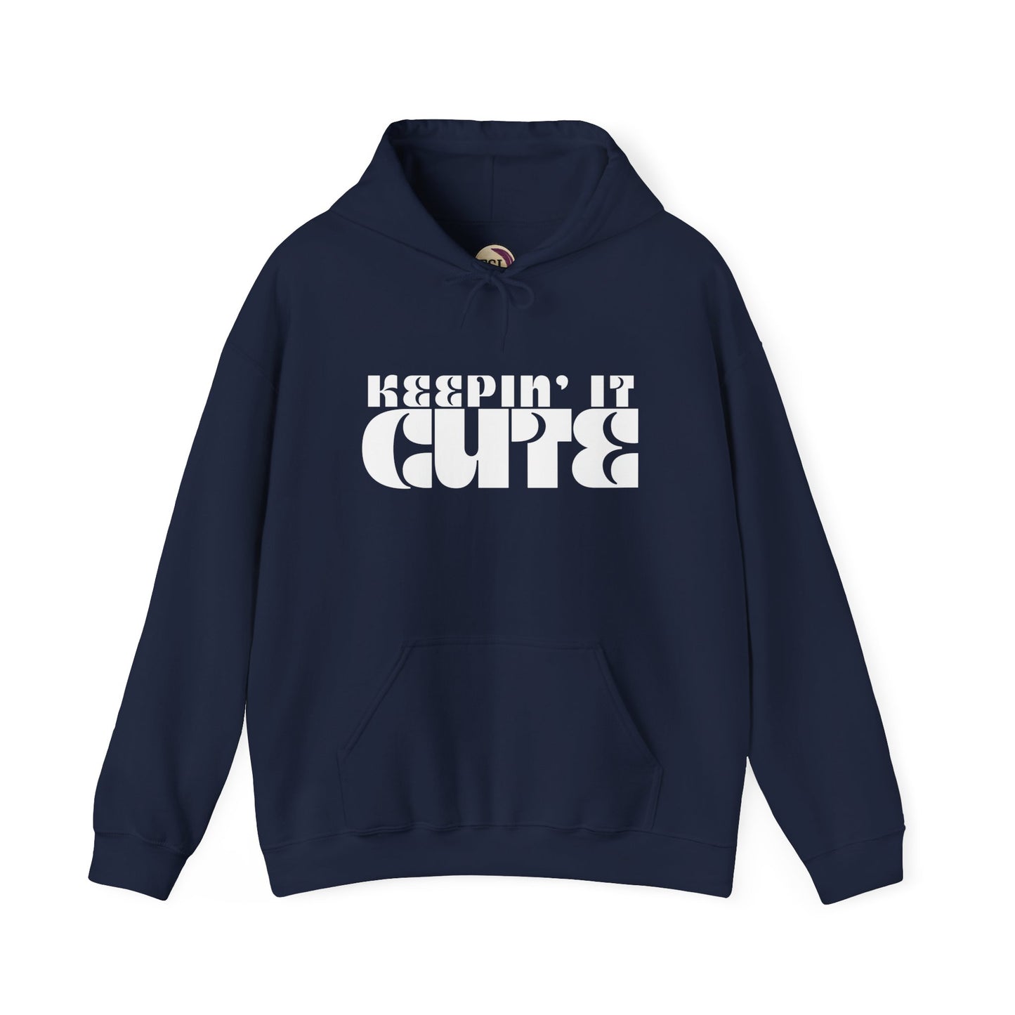 Navy blue hoodie with 'KEEPIN' IT CUTE' text on a white background
