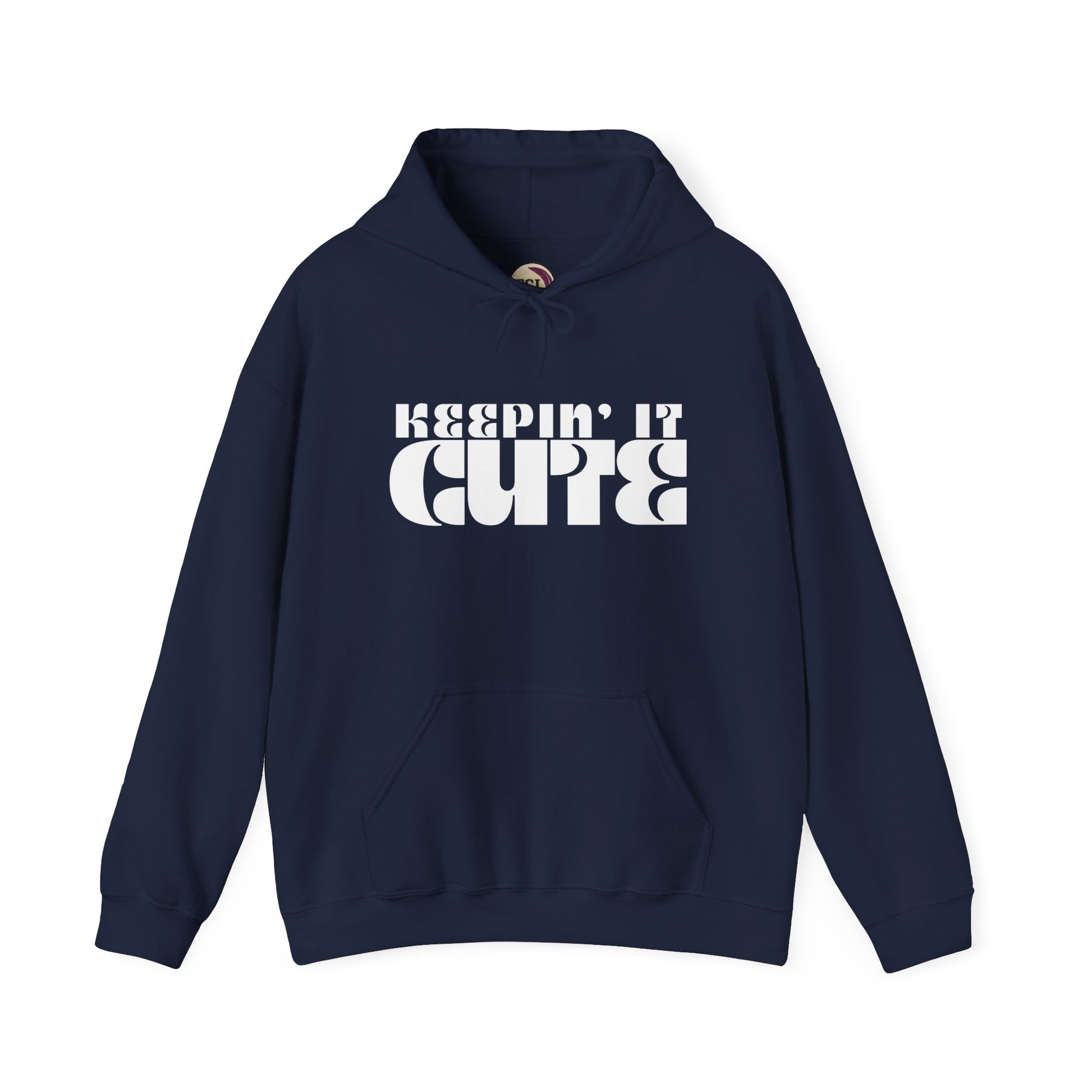 Navy blue hoodie with 'KEEPIN' IT CUTE' text on a white background