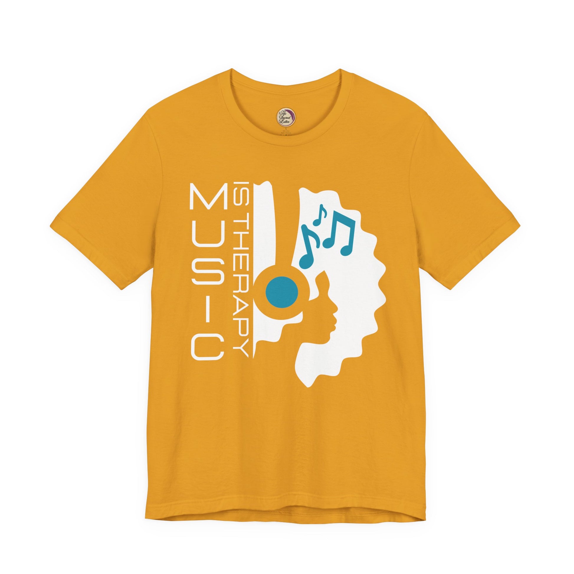 Yellow t-shirt with music-themed design and text on a white background