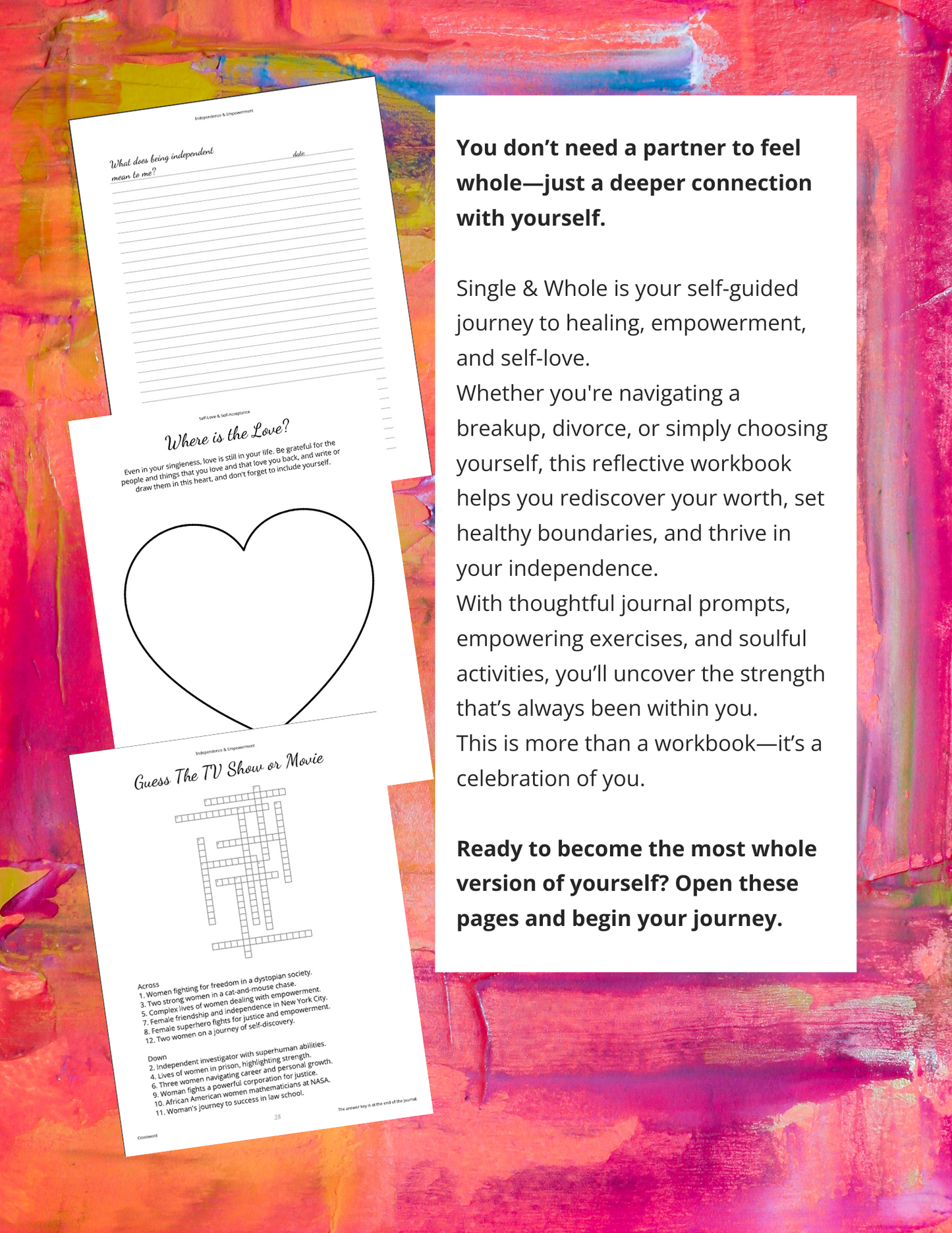Self-guided journey workbook titled 'Single & Whole' on a colorful background