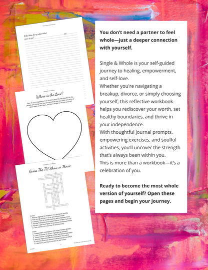 Self-guided journey workbook titled 'Single & Whole' on a colorful background
