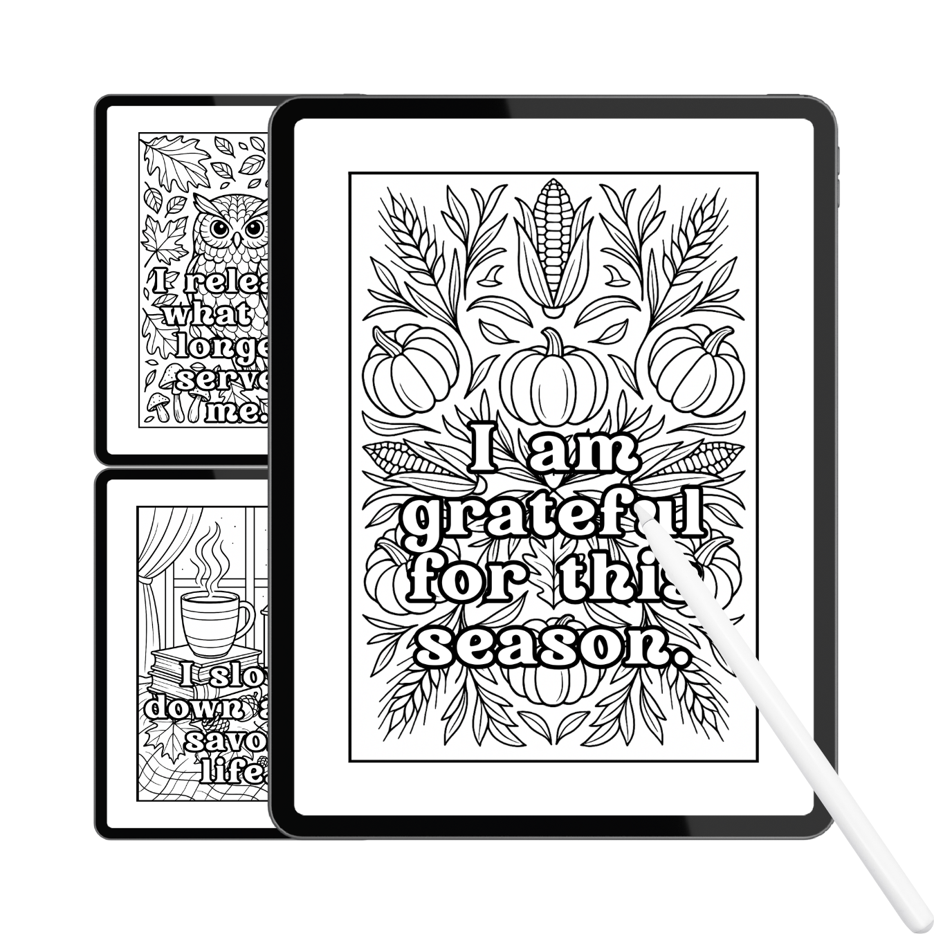 Coloring pages with autumn-themed quotes on a tablet screen.