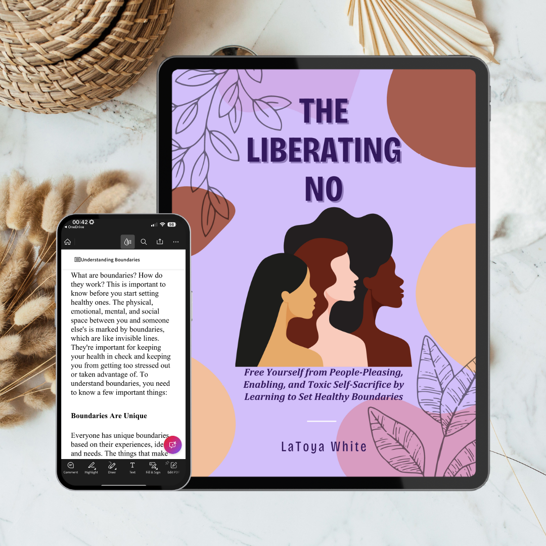 Tablet and phone displaying 'The Liberating No' book cover with three women's silhouettes on a purple background.