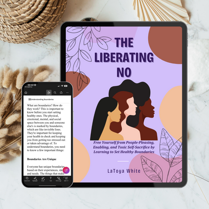 Tablet and phone displaying 'The Liberating No' book cover with three women's silhouettes on a purple background.